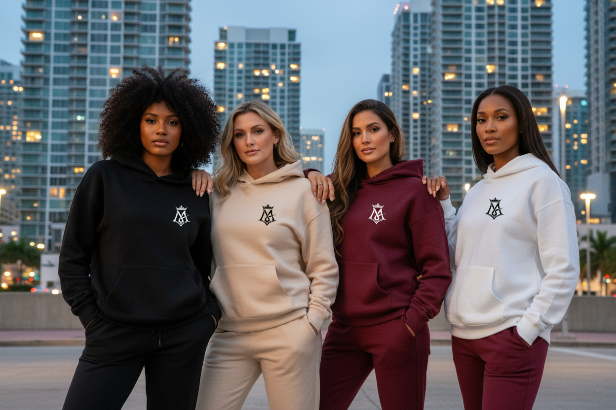 Diverse women in MA luxury streetwear with Brickell cityscape