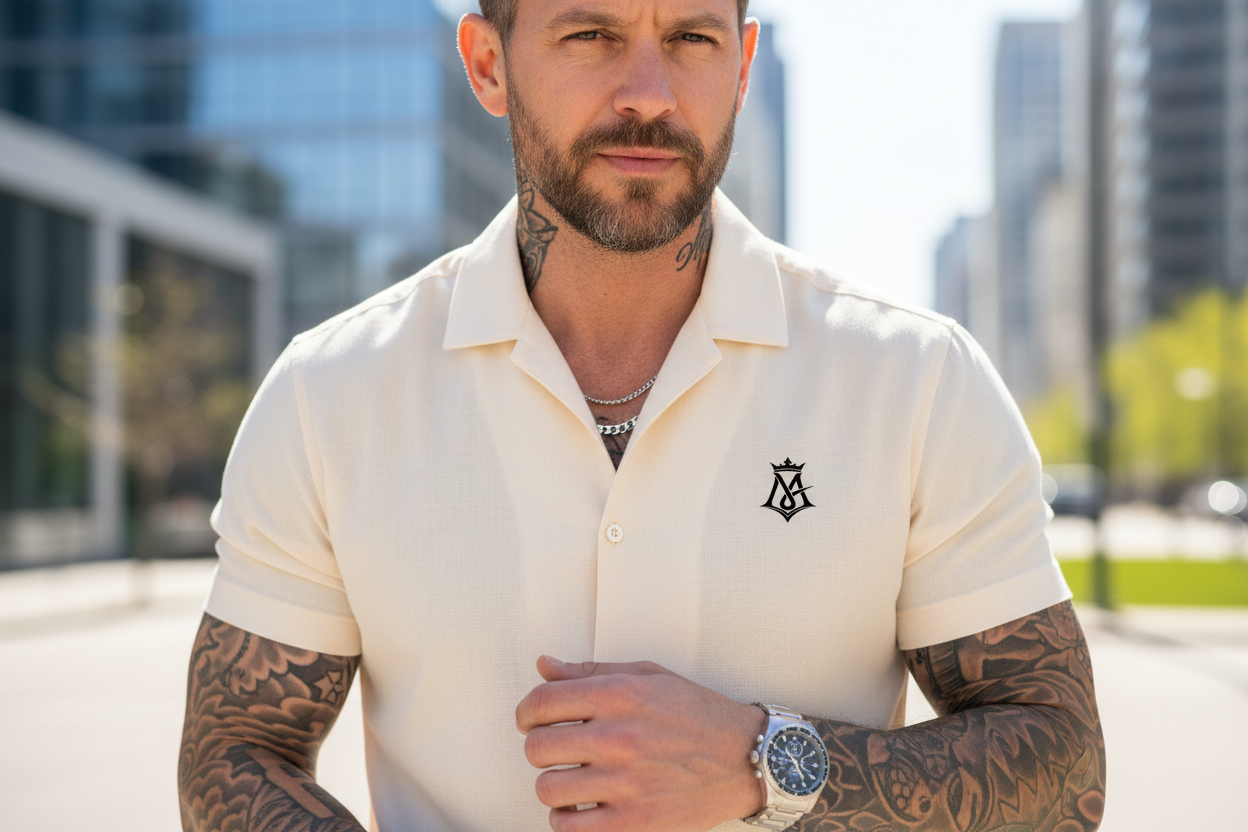 Stylish white man with tattoos in MA spring streetwear